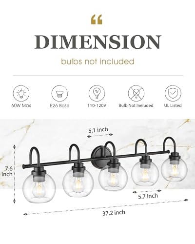 Image of Bathroom Light Fixtures, 5-Light Matte Black Vanity Lights with Globe Clear Glass, 35 Inch Modern Vanity Lighting Fixtures Over Mirror, AD-22280-5W-BK