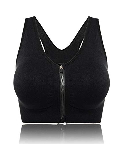 Women Zip Front Closure Sports Bra Medium Impact Push Up Wirefree Yoga Bras Racerback Workout Gym Bra Top Black #TOP4