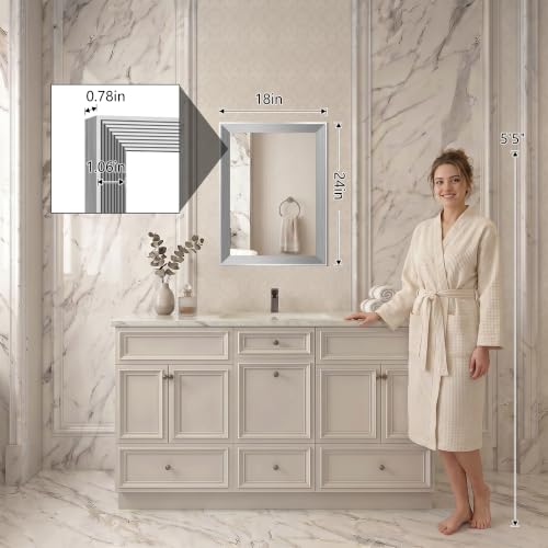 Image of DESBING 18 inchx24 inch Silver Bathroom Mirrors for Over Sink, Tempered Glass, Metal Frame, Rectangle Vanity Wall Mirror for Bathroom, Living Room, Bedroom, Horizontally or Vertically
