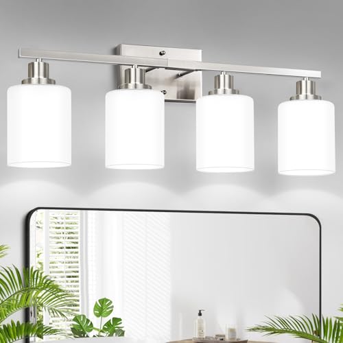 Image of MOKATNG 4-Light Vanity Light with Milky White Shades, Brushed Nickel Bathroom Lighting Fixtures Over Mirror, Modern Bathroom Wall Lamp for Mirror Living Room Cabinet Bedroom