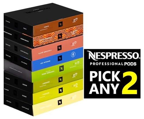 Nespresso Cápsulas de café profesionales. Elige 2 paquetes de Finezzo, Forte, Leggero, Caffe Vanilio, Ice Intenso, Peru Organic, Congo Organic, Caffe Nocciola, etc. (total 100 cápsulas profesionales)