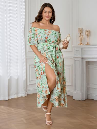 Image of SCOMCHIC Womens Plus Size Formal Dresses Off The Shoulder Wedding Guest Cocktail A-Line Split Maxi Dress with Pockets