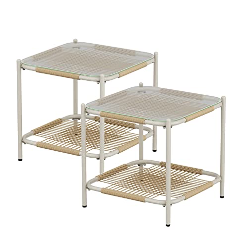 Lovinouse Night Stand 2 Pcs，2 Layers Indoor Modern Glass Rattan End Table Coffee Table, Outdoor Waterproof Side Table Bedside Furniture With Adjustable Feet For For Living Room, Bedroom, White #TOP7