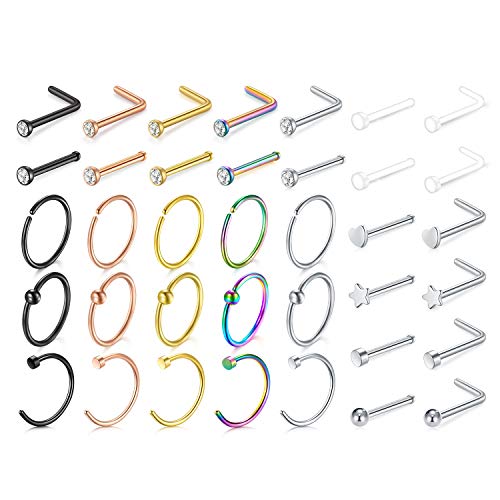 QWALIT Nose Studs L Shape 20g Nose Rings Hoops Surgical Stainless Steel Diamond Flat Top Nose Bone Pin Small Septum Ring Lip Ring Cartilage Tragus Forward Helix Earrings Hoop Nostril Piercing Jewelry