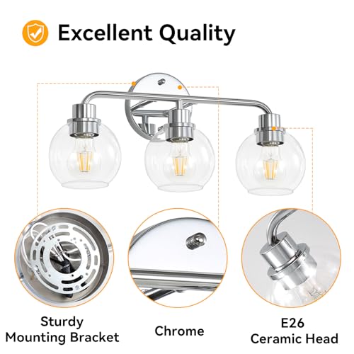 Image of Bathroom Light Fixtures Chrome Vanity Light Silver 3 Light Modern | Wall Sconces Lighting Bathroom Lights with Glass Shades Bath Wall Lights Wall Lamp for Mirror Kitchen Living Room Hallway