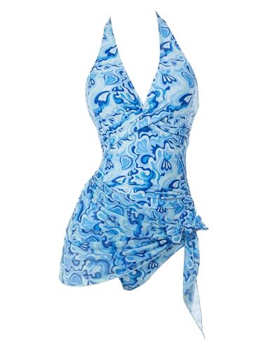 Women One Piece Swimsuits 70's Vintage Tummy Control Bathing Suit Retro Swimwear with Hair Clip