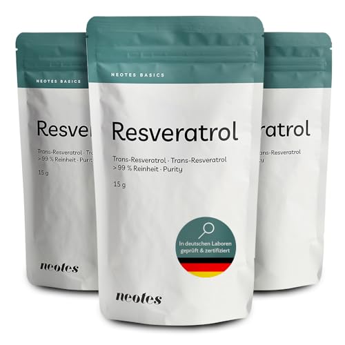 neotes Polvere Trans-Resveratrolo – 3 confezioni da 15 g in confezione da 1 mese, ha un effetto antiossidante e immunitario di supporto | Vegano e senza glutine – Senza ingegneria genetica e senza