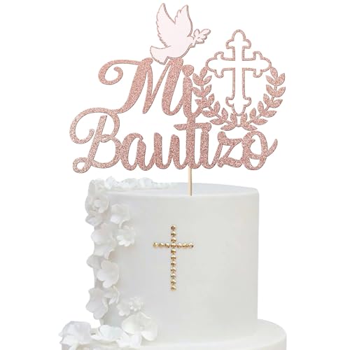 Decoracion Tarta Primera Comunion, Brillante Cake Topper Bautizo, Topper Tarta Confirmación, Cartón Decoración Tartas para Niños Primera Comunión Bautizo Fiestas Accesorios (Rosa D)