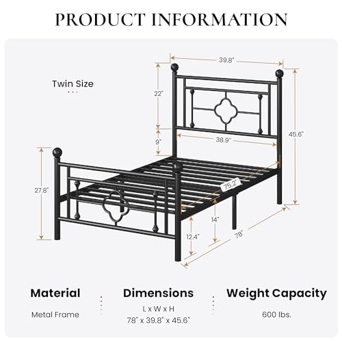 Image of SHA CERLIN 14 Inches Twin Size Metal Platform Bed Frame /Vintage Iron-Art Headboard and Footboard /Mattress Foundation for Storage /No Box Spring Needed /Noise-Free /Easy Assembly /Black