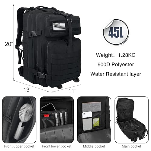Image of Military Tactical Backpack for Men, 45L 3 Day Assault Pack, Heavy Duty Large Molle Backpack for Outdoor, Hiking, Camping, Black