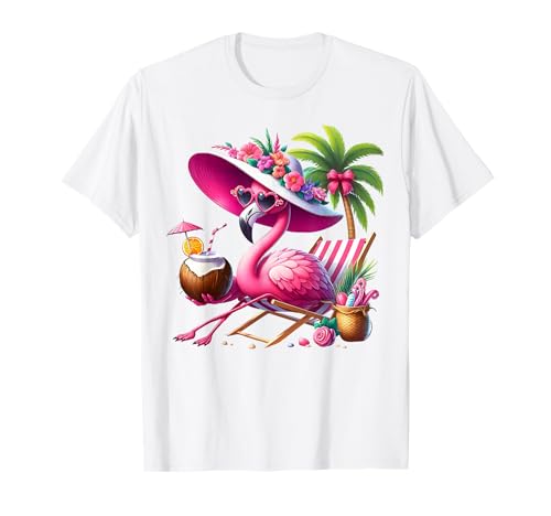 Flamant Rose Palmier Tropical Plage Vacances d'été Femme T-Shirt