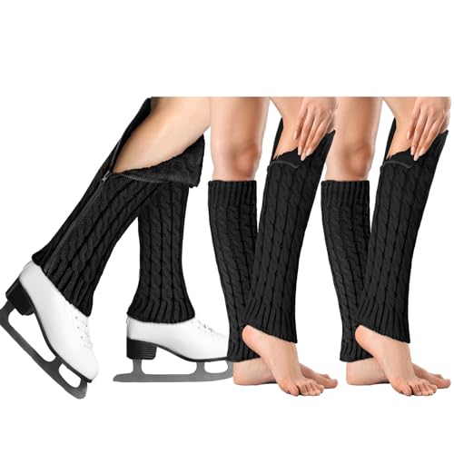 3 Pair Leg Warmers for Women Ice Skating Figure Skating Winter Zipper Knit Fleece Lined Warmer