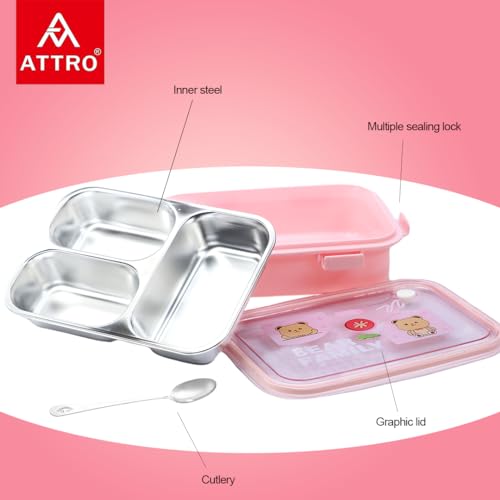 Image of Attro Bento 3 Deluxe Lunch Box with Inner Stainless Steel & Secure Lock Cute Eye Catchy Design Food Grade, Leakproof, Vacuum Seal Design Use for School Kids & Outdoor- 750ml Soft Pink