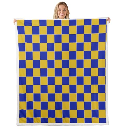 Image of Erosebridal Geometric Plaid Sherpa Blanket Queen 90 inchX90 inch Yellow Blue Brown Checkerboard Fleece Bed Blanket for Kids Boys Teen Adults,Checkered Grid Throw Blanket Modern Aesthetic Fuzzy Blanket