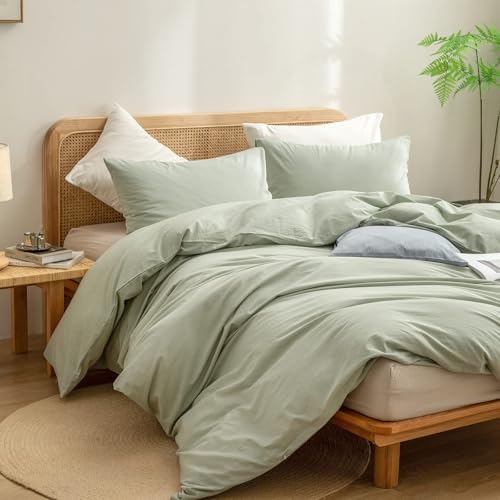 Image of BESTOUCH Cotton Solid Duvet Cover Set Linen Feel Sage Green Alaska King | 100% Washed Cotton, Soft Wrinkle Texture, Hidden Zipper, 8 Ties, Breathable Lightweight Durable Comfy, 3 Pcs No Insert