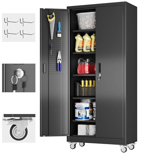 Aobabo Metal Garage Storage Cabinet with Wheels and Door Pegboard,Lockable Steel Cabinets with 2 Doors and 5 Adjustable Shelves for Garage Home Office,Required Assembly,Black
