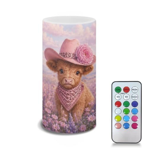 Image of Poceacles Flickering Flameless LED Battery Candles Pillar Candles Tealight with 18-Key Timer Remote with Colorful Light for Indoor Outdoor Home Decor, Cowboy Highland Cow Floral Print Pink