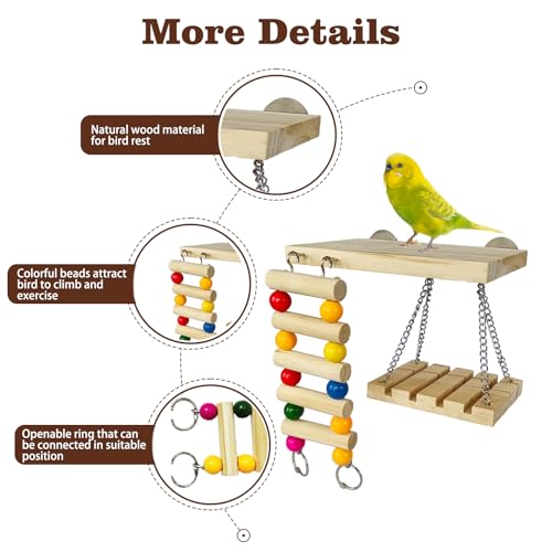 Image of Bird Perches Toys Set Cage Accessories Parrot Nature Wooden Playground Hanging Standing Platform Play Stand with Swing Ladder for Lovebirds, Parakeet, Conures, Budgie and Other Small Animals