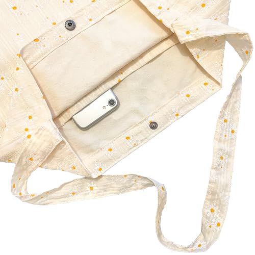 Image of Women's Floral Embroidered Tote Bag with Pocket flowers embroidery crossbody shoulder bag beach cute handbag canvas
