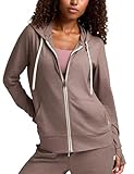 Awwena Women's Full Zip Athletic Hoodies Long Sleeve Relaxed Fit Workout Sweat Jackets with Thumbholes Mocha Heather Small