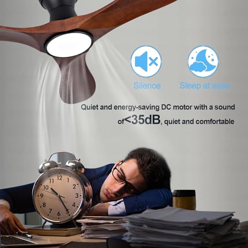 Image of 42 Inch Wood Flush Mount Ceiling Fans with Lights and Remote, Dimmable 3 Blade Wood Bedroom Ceiling Fan Outdoor Ceiling Fans for Patios Low Profile Ceiling Fan with Light for Bedroom Living Room