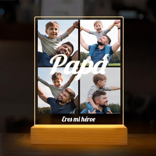 Lámpara LED personalizada para papá con cuatro fotos y el texto 'Papá, Eres mi héroe'.