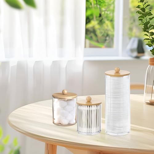 UOSIWYA 3 Stück Wattestäbchen Behälter, Wattepadspender mit Holzbezug Schminktisch Zubehör Acryl Kosmetik Badezimmer Aufbewahrung für Wattepads Ohrenstäbchen Zahnseidepicks