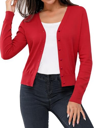 Aottori Cardigan Mujer Elegante Bolero Cuello V Manga Larga Chaqueta Básica con Botones Jersey Ligero Sólida Casual Abrigo Ropa Rojo M