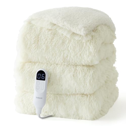 Image of Bedsure Faux Fur Heated Blanket Full Size, Long-Pile Electric Blanket, Grey