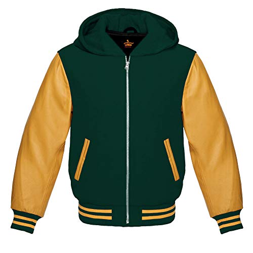 Varsity Hoodie Baseball Letterman Bomber Wool & Genuine Yellow Gold Leather Sleeves Zipper Jacket