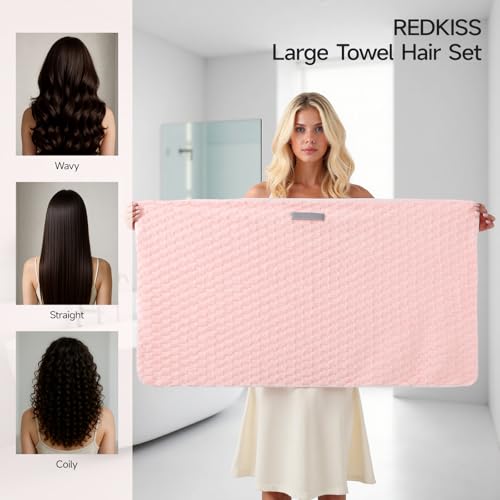 Image of REDKISS 2 Pack Microfiber Hair Towels - Extra Large Hair Towel Wrap for Women, 24x42 inch Pink Hair Towels with Elastic Strap, Super Soft Blue Hair Drying Towels Curly Anti Frizz Turbans