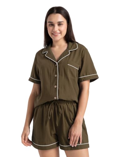Image of Womens Muslin Pajama Set 100% Cotton Double Gauze Linen Like Breathable Soft Button Up Loungewear Sleepwear PJ Set