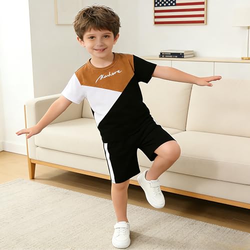 Image of Ayzozuy Boy Clothes Colorblock Top + Drawstring Waist Shorts 2 Pieces Kid Summer Outfits Set