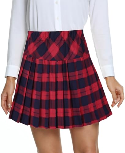EXCHIC Femmes L'école Style A Ligne Elasticité Taille Haute Mini Plissée Jupe Plaid Ecossaise Kilt avec Pantalons(M, 5-Rouge)