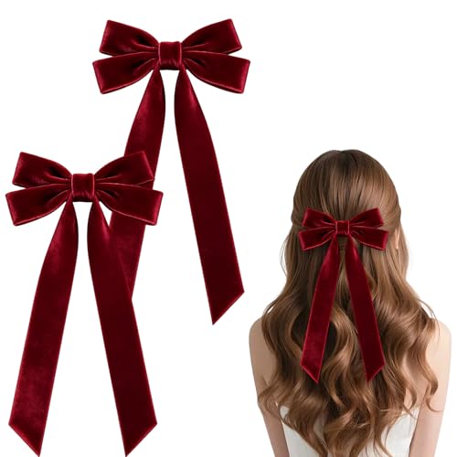 Lotnery 2Pcs Red Hair Bow Burgundy Velvet Bow Hair Clips with Long Ribbon Vintage Party Hair Accessories for Christmas New Year