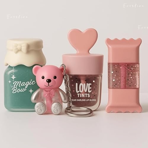 Image of Mini Lip Gloss Combo Set of 4 - Cute Heart, Candy, Toffee & Bottle Shapes | pH Color Changing Lip Tint | Natural Pink Shine | Flavored Gloss Gift for Women & Girls (Lip Gloss Combo 4)