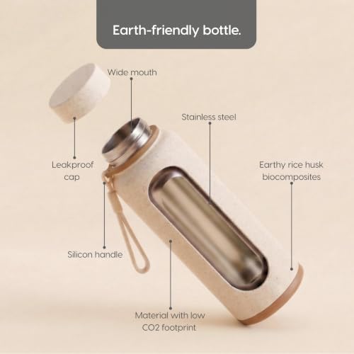 Image of Eha Earth Friendly Hydralife Water Bottle for Office & Schools | 600 ml Stainless Steel Water Bottle for Kids & Adults Made with Rice Husk | Bottle for Men, Women | Leak Proof | 1 Unit