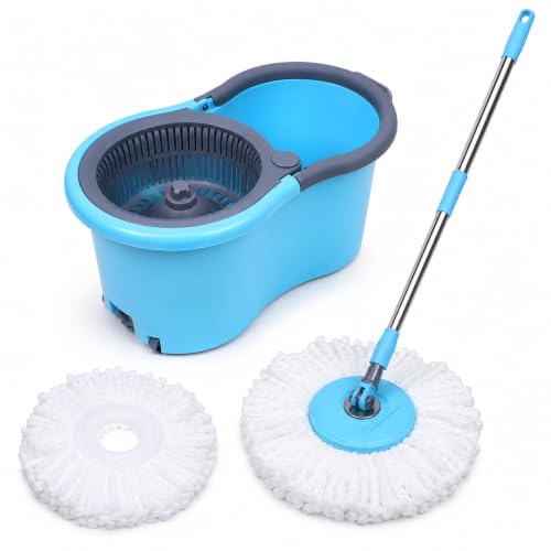 Image of Spin Mop Bucket Set with Adjustable Stainless Steel Handle and 2 Microfiber Refills - Plastic Wringer Basket with Wheels, 360 Degree Rotating Head Floor Cleaning System for Home and Kitchen (Blue)