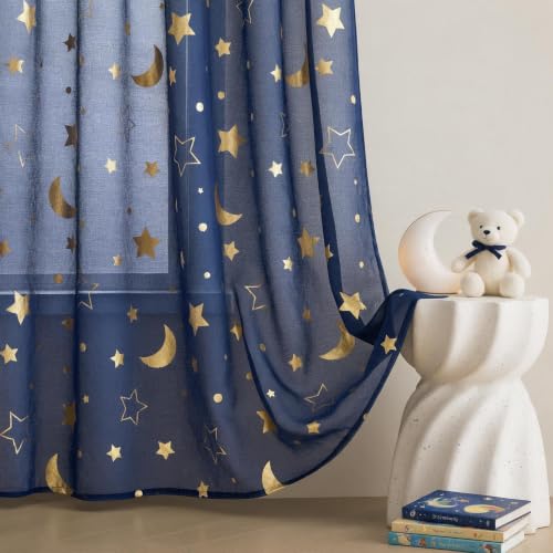 WUBODTI Navy Blue Star Sheer Curtains for Kids Room Nursery 84 Inches Long，Gold Star and Moon Patterned Semi Sheer Faux Linen Boys Curtains Rod Pocket Light Filtering Curtain Drapes 2 Panels