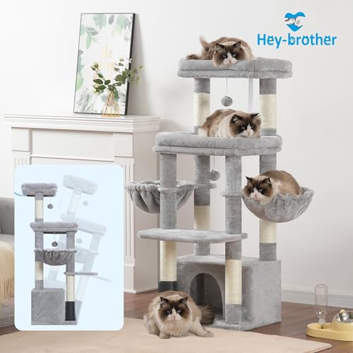 Hey-brother Kratzbaum, Katzenbaum für Großkatze und Maine-Coon-Katzen, mehrstöckiger Stabil Katzenkratzbaum Mit 2 Grosse Plattformen, 2 Katzenkorb, große Katzenhöhle, Kämmmaschine, Hellgrau EMPJ070W