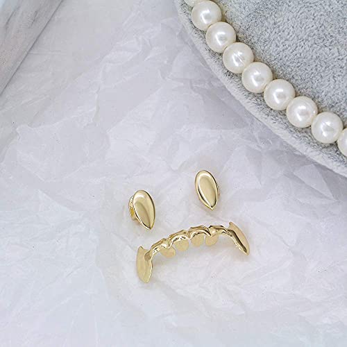 Lureen 14K Gold Vampire Dracula Teeth Grillz 2Pc Single Fangs And 6 Bottom Grillz Set #TOP2