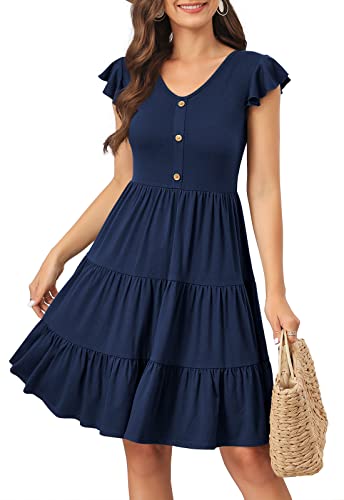 Image of Lamilus Summer Dresses for Women 2026 Ruffle Sleeve V Neck Non-See Through Tiered Babydoll Mini Dress Graduation Beach