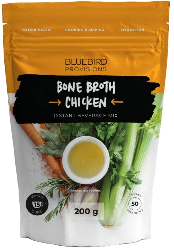 Bluebird Provisions Bone Broth - Natural Chicken Flavor Bone Broth Powder - Gut-Healing Bone Broth For Sipping & Cooking - Zero-Additives Bone Broth With Natural Electrolytes (200 Grams Pack)