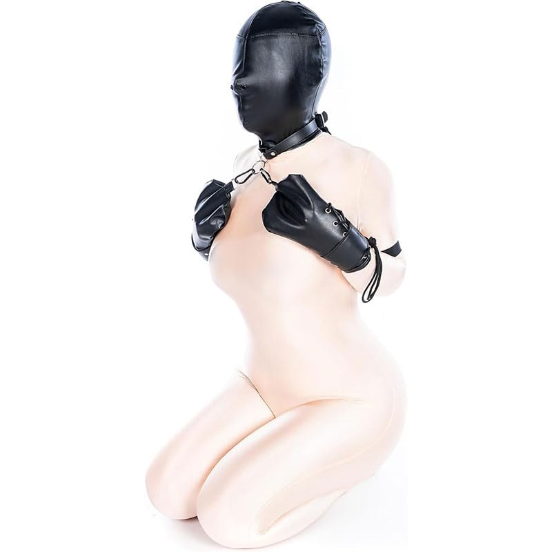 MAUXpIAO SM Fetisch Sklave PU Leder Hundebondage Set 5-teilig inkl. Fessel Vollhaube und Oberkörper Bondage Handschuh Set, Rollenspiel Sexspielzeug spitze/A/M