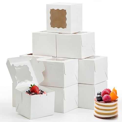 Moretoes 15Pcs 6X6X5In Cake Boxes Bakery Carriers, Small Bento Cake Containers Cookie Boxes With Window, White Mini Cupcake Carriers Treat Containers For Dessert, Mother's Day, Valentine's Day