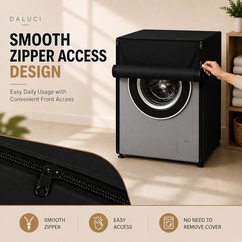 Image of DALUCI Washing Machine Cover Front Load for 6 Kg, 6.5 Kg, 7 Kg & 7.5 Kg Fully Automatic Machines | Waterproof Dustproof Polyester Protective Cover with Zipper (Black, 59X59X86 CM)