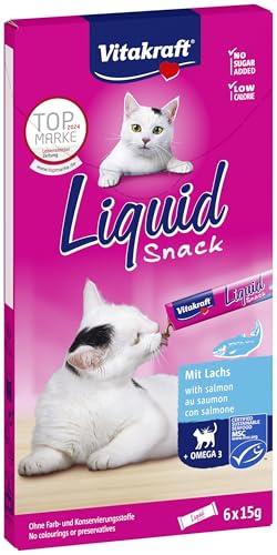 Vitakraft Liquid Snack, snack gatto liquidi, con salmone MSC, leccornia per cani, con acidi grassi omega 3, per una pelle sana, a ridotto contenuto calorico (1 confezione con 6x 85g)