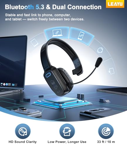 Image of Bluetooth Headset, 60hrs AI Noise Canceling V5.2 Over Head Headphones, Single Ear Trucker Wireless Headset with Mic, Mute Button, Multipoint, for Phones PC Computer Truck Driver Office Work - Black
