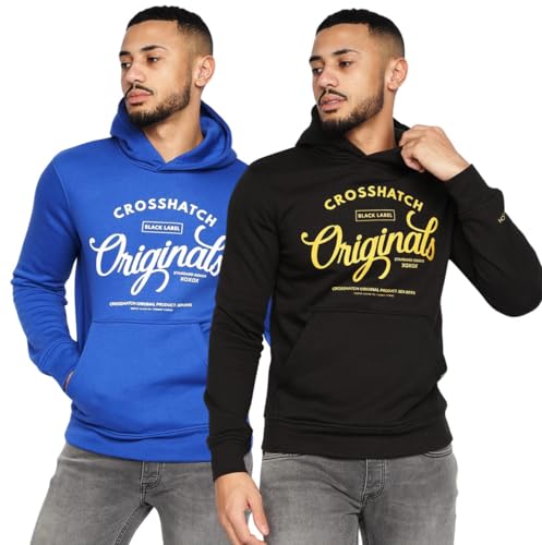 Crosshatch 2 Pack Hoodie Sweatshirt Designer Branded Hoody Fleece Gift Present Top by Jeanbase Black/Blue S