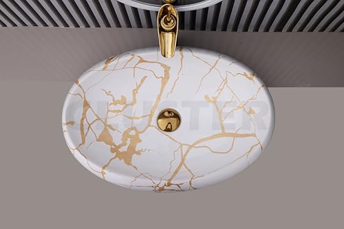 Image of CLUSTER Designer Glossy Ceramic Table Top Wash Basin For Bathroom | Countertop Bathroom Sink For Livingroom, Resturant Decor, Oval Shape (24 x 16 x 6 inch)